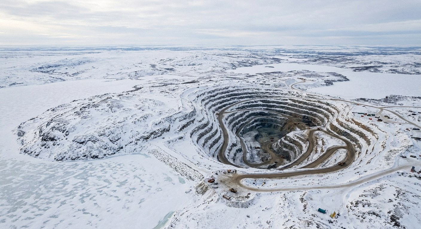 Aerial view of a terraced open-pit mine in a snowy landscape. Spiral roads lead down into the pit, with small vehicles