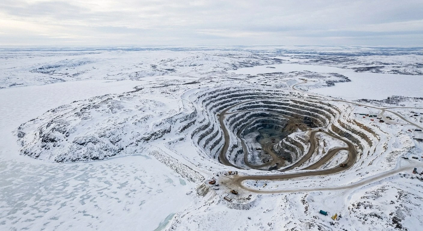 Aerial view of a terraced open-pit mine in a snowy landscape. Spiral roads lead down into the pit, with small vehicles