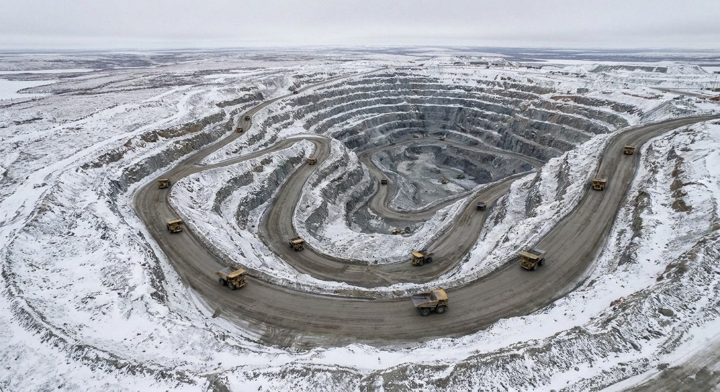 Aerial view of a large open-pit mine in a snowy landscape. Yellow haul trucks drive along terraced dirt roads winding