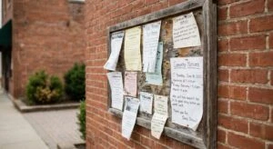 Outdoor wooden bulletin board on a brick wall, covered in pinned papers with illegible or nonsensical text. Blurred