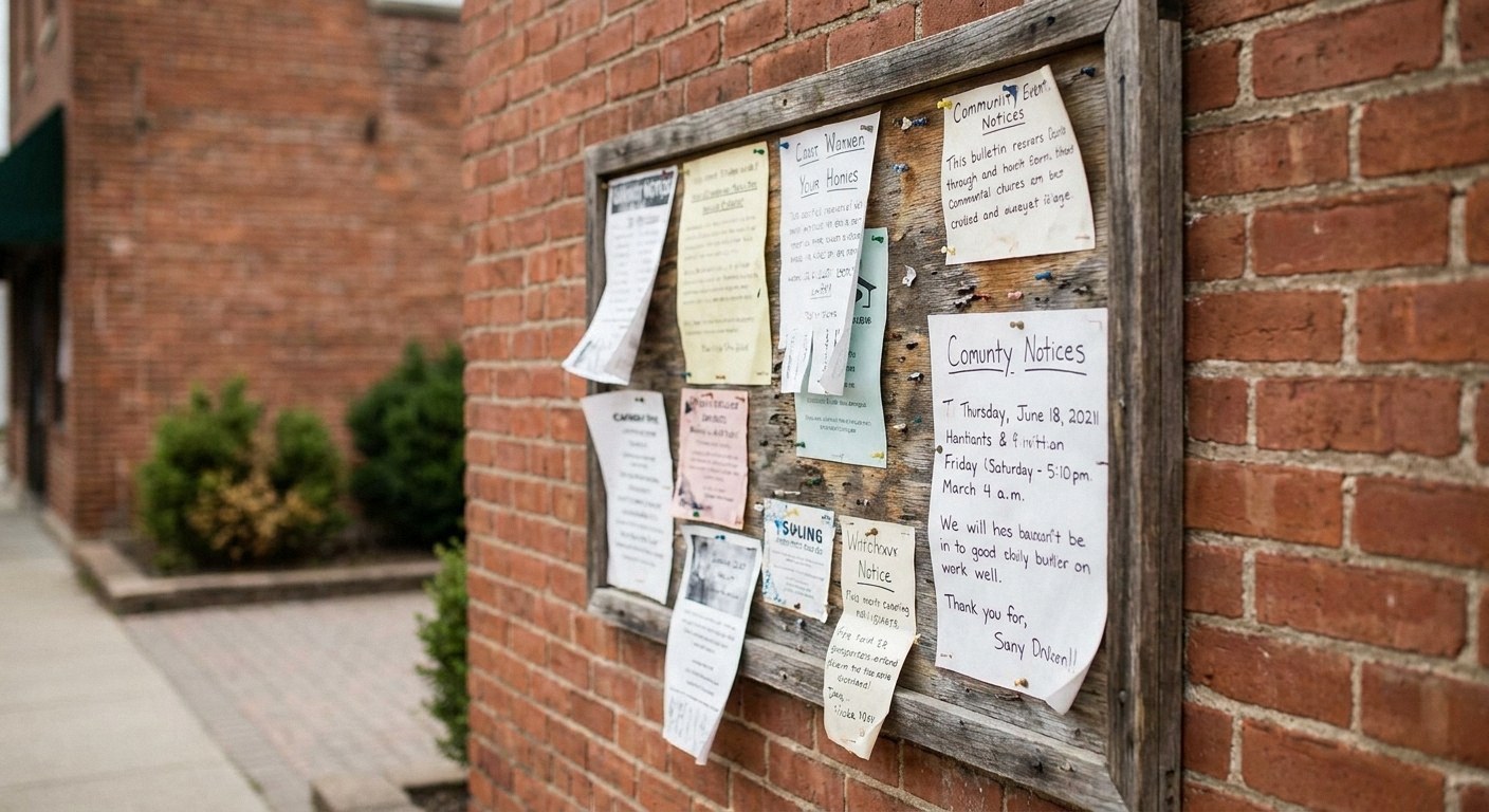 Outdoor wooden bulletin board on a brick wall, covered in pinned papers with illegible or nonsensical text. Blurred