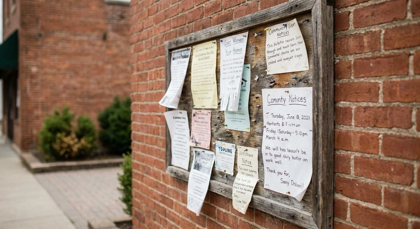 Outdoor wooden bulletin board on a brick wall, covered in pinned papers with illegible or nonsensical text. Blurred