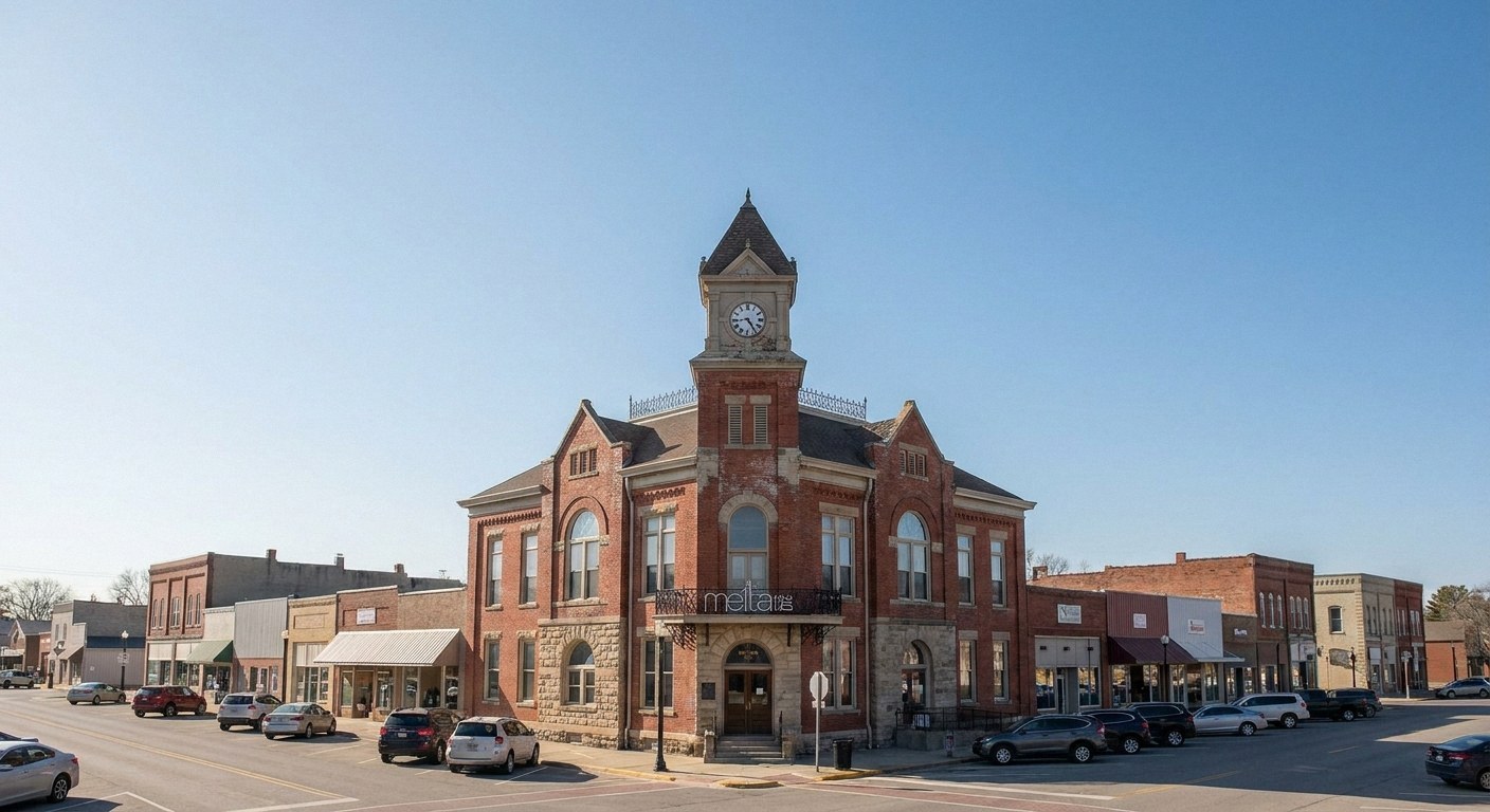 Wide context view of a quiet small-town main street in daylight, focusing on a prominent municipal town hall surrounded