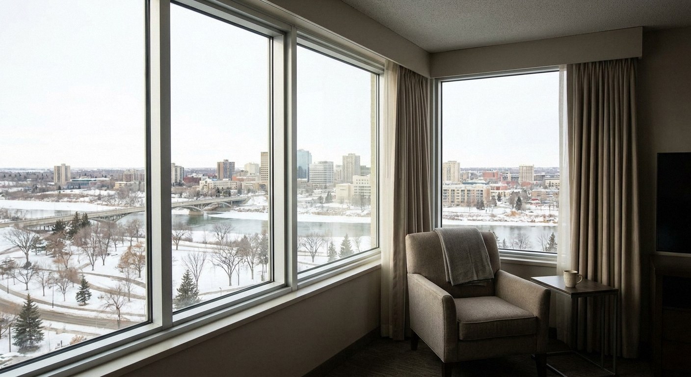 Hotel room interior looking out large windows at a snow-covered city skyline, river, and bridge. A beige armchair